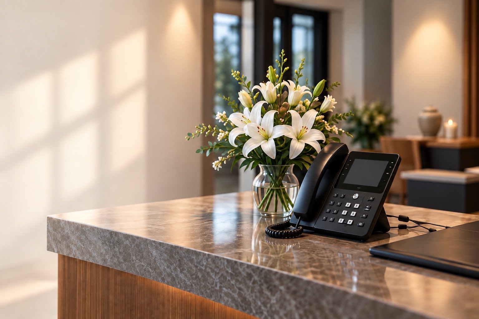 Telefon und weiße Lilien im Bestattungsambiente mit schlichter Urne und Gedenkkerze – symbolische Darstellung.